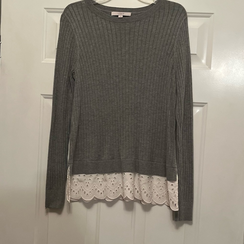 LOFT Gray Ribbed Sweater with Lace Trim